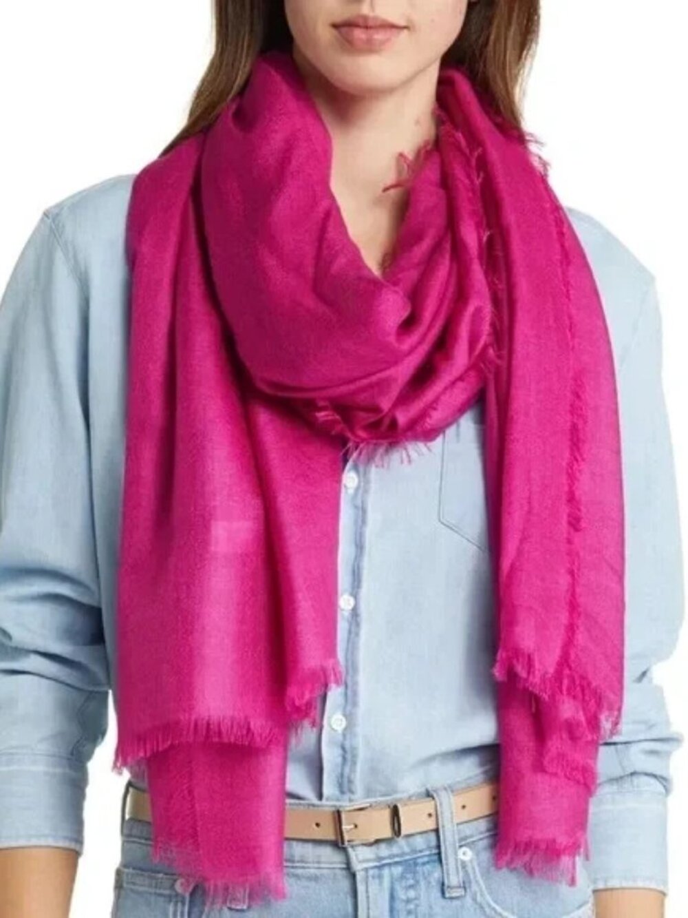 NWOT Nordstrom Cashmere & Silk Wrap Fringe Scarf One Size Hot Pink